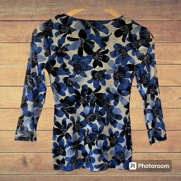 Alfani Gray With Blue Flowers Tiered Blouse  Sz PP   GUC - Picture 2 of 4